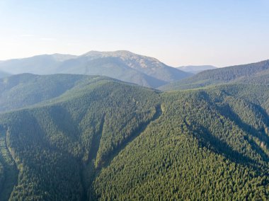 Yazın Ukrayna Karpatları 'nın yeşil dağları. Güneşli bir gün, nadir bulutlar. Hava aracı görünümü.