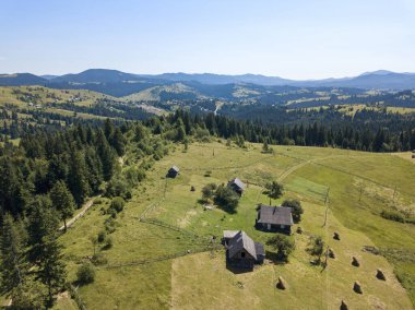 Yazın Ukrayna Karpatları 'nın yeşil dağları. Güneşli açık bir gün. Hava aracı görünümü.