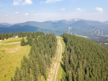 Yazın Ukrayna Karpatları 'nın yeşil dağları. Güneşli bir gün, nadir bulutlar. Hava aracı görünümü.