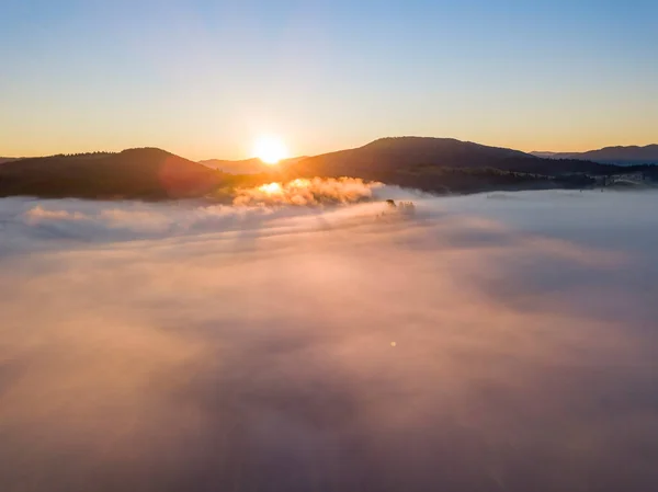 Sunrise Fog Ukrainian Carpathians Aerial Drone View — Stock Photo, Image