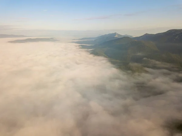 Lever Soleil Sur Brouillard Dans Les Carpates Ukrainiennes Vue Aérienne — Photo