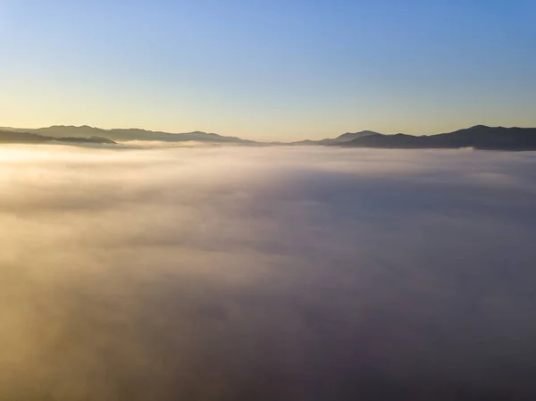 Sunny Morning Foggy Carpathians Thick Layer Fog Covers Mountains Aerial — Stock Photo, Image