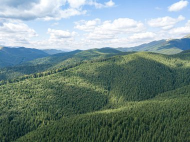 Güneşli havada Ukrayna Karpatlarının yüksek dağları. Hava aracı görünümü.