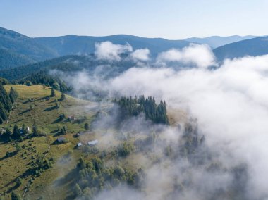 Ukrayna Karpatları 'nda sabah sisi. Hava aracı görünümü.