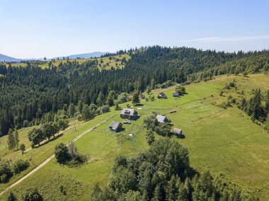 Yazın Ukrayna Karpatları 'nın yeşil dağları. Güneşli açık bir gün. Hava aracı görünümü.