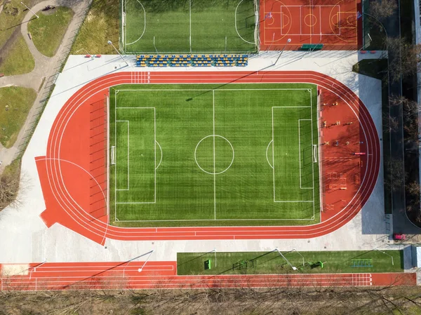 Football field. Aerial drone top view.
