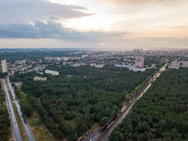 Tramonto Kiev Nuvole Pioggia Nel Cielo Vista Aerea Drone — Foto Stock