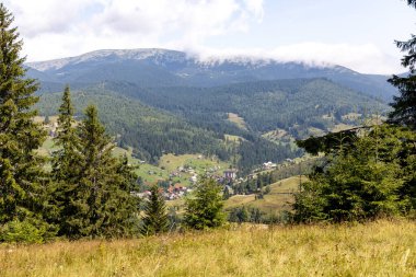 Bir yaz günü Ukrayna Karpatları 'nda dağ panoraması.