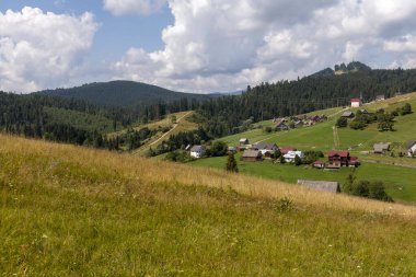Bir yaz günü Ukrayna Karpatları 'nda dağ panoraması.