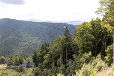 Güneşli bir yaz gününde Ukrayna Karpatları 'nda dağ panoraması.