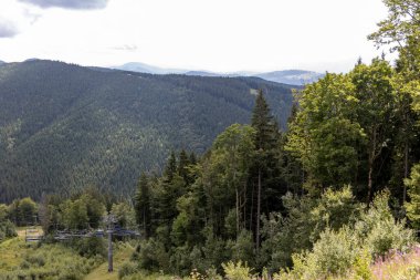 Güneşli bir yaz gününde Ukrayna Karpatları 'nda dağ panoraması.