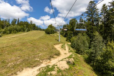 Bir yaz günü Ukrayna Karpatları 'nda toprak dağ yolu.