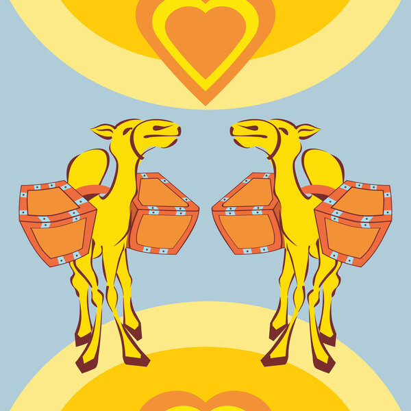 Happy lovers camel with baskets 