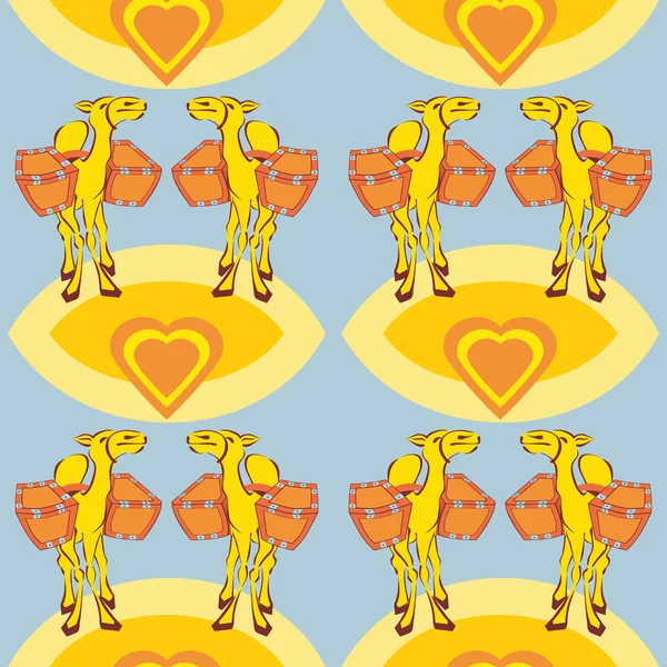 Счастливые влюбленные верблюды с корзинами — стоковый вектор