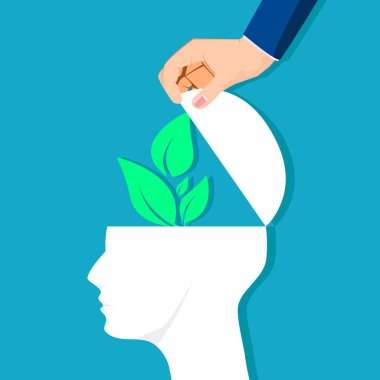 Kafasında yeşil yapraklar olan insanlar. Yeşil düşün. Toprak ve enerji kavramını sakla. Doğa kavramı