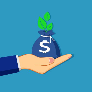 İş için bir bitki para çantasını el ele tutuştuk. Tasarruf ve Finans Fikirleri. iş kavramı