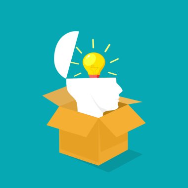 Yaratıcı kafa. Alışılmışın dışında düşün. Kafanda ampul simgesi var. ticari başarı kavramı