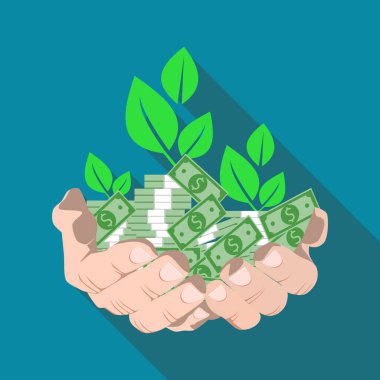Ağaç ve banknot yığını ellerinde. Yatırım ve iş için yüksek kâr konsepti. Vektör. finansal kavram