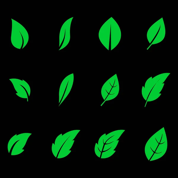 Set Grüner Blattsymbole Auf Schwarzem Hintergrund Grünes Konzept Vektorillustration — Stockvektor