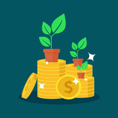 Saksıdaki bitkiler bozuk para yığınının üzerinde. Finansal büyüme vektörü kavramı