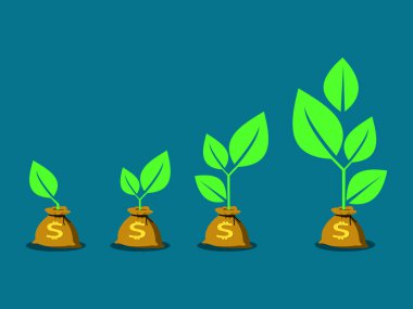 Para torbaları tarafından üretilen ağaçların büyümesi. finansal büyüme kavramı vektörü 