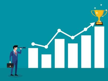 İş adamı teleskop kullanarak bir grafiğe bakar ve bir ok üzerine bir kupa yerleştirilir. iş zafer vektörü