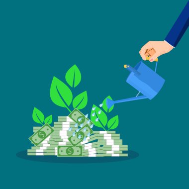 İşadamı suları yığınla banknot ve bitki büyür. Kar büyüme konsepti. finansal vektör