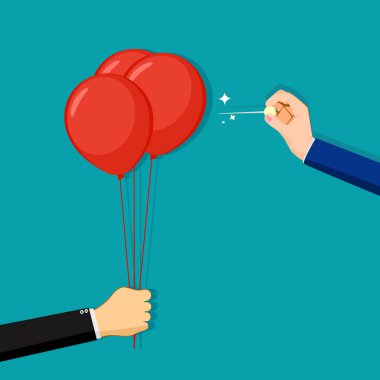 Bir iş adamı rakip balonu iğneyle bıçaklıyor. İş yarışması konsepti. iş vektörü