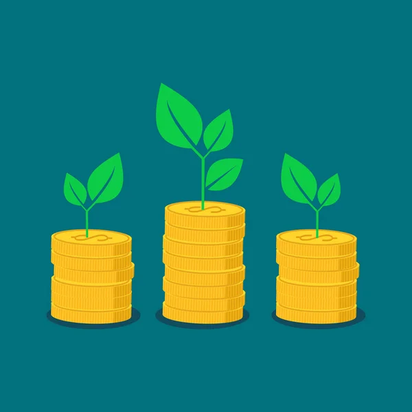 Growing Green Leafy Plants Coin Rows Investment Money Business Concept — Stock Vector