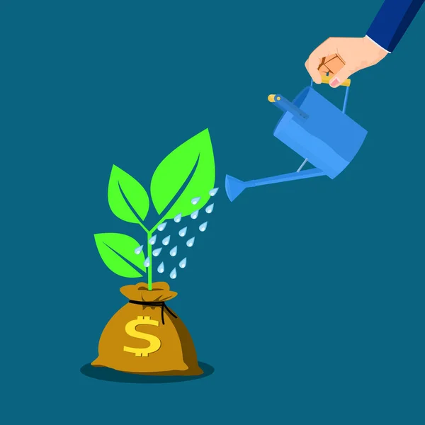 Bir Adamı Para Çantasıyla Oluşturulan Bir Ağacı Sular Finansal Büyüme — Stok Vektör
