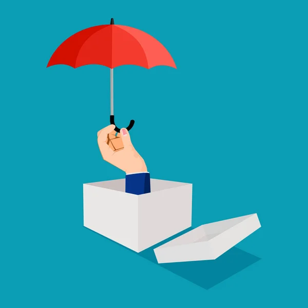 Üzletember Gondolkodik Dobozon Kívül Egy Esernyőt Tart Kezében Vállalkozásvédelmi Vektor — Stock Vector