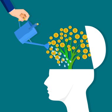 İş adamı para ağaçları ve insan kafaları dikiyor. Finansal düşüncenin gelişimi. para büyüme vektörü