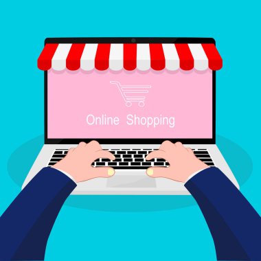 Bilgisayardan online alışveriş sitesi. Kullanımı kolay ecommerce web sitesi mağazası ve dijital ödeme kapısı. Çevrimiçi alışveriş vektörü