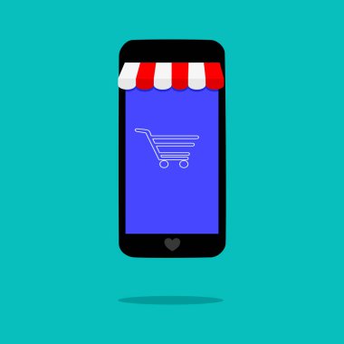Akıllı telefon mağazanın ön cephesini temsil ediyor. İnternet sitesinde online alışveriş. pazarlama vektörü