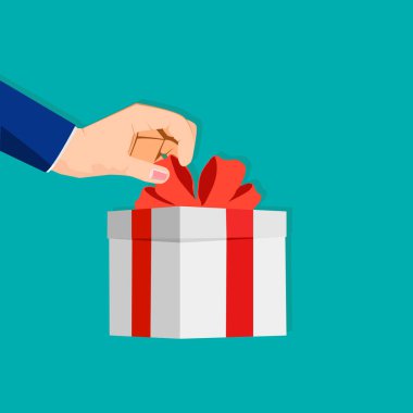 Hediye kutusu bir iş adamının elinde. Terfi ve ikramiyeler müşterilerin ilgisini çeker. En iyi teklif. Hediye kutusu vektörü