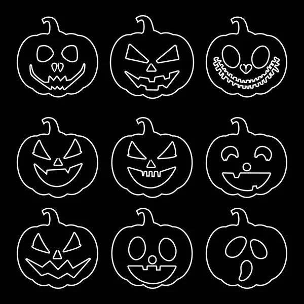 Zestaw Sylwetki Halloween Dyni Szczęśliwą Twarzą Czarnym Tle Koncepcja Halloween — Wektor stockowy