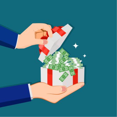 Bir iş adamı bir tomar banknotla bir hediye kutusu açar. finansal konsept. vektör illüstrasyonu