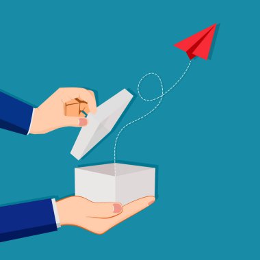 Bir iş adamı içinde kırmızı kağıt uçak olan bir kutuyu açar. Başarı için farklı kavramlar. vektör