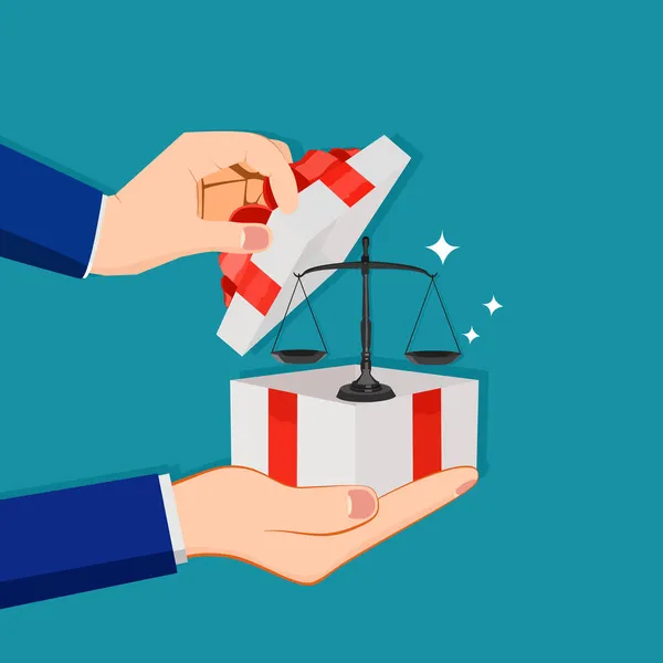 Ein Geschäftsmann Öffnet Eine Geschenkbox Mit Einer Waage Gerechtigkeitsbegriff Vektorillustration — Stockvektor
