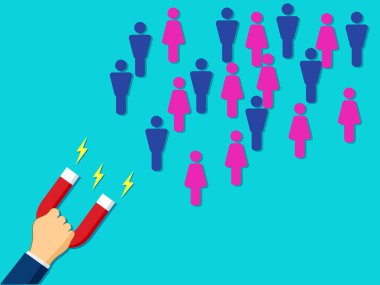 Mıknatıslar insanları kurşun üretmek için çeker. Pazarlama sembolü. çekim vektörü