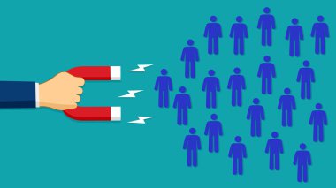 İnsan eli, beyaz arka planda mıknatısı olan insan figürlerini çeker. vektörü çeker