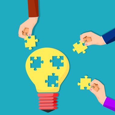 Ampul yapbozu ve insan eli. Yaratıcı takım çalışması kavramı. vektör illüzyonu
