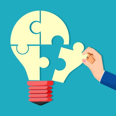 İnsan eli kayıp yapbozu ampulün içine yerleştirdi. Yaratıcılık dolu. vektör