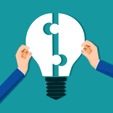 İş adamı bağlanmak için elinde bir ampul bulmacası tutuyor. Başarılı olmak için birlikte çalışma kavramı. vektör