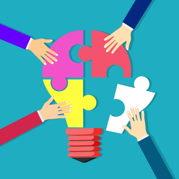 Ampul ve insan eli yapbozu. Takım çalışması kavramı. vektör