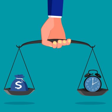 İş adamı elinde bir çanta dolusu para ve saatle tartıyı tutuyor. Zaman ve para dengesi. vektör