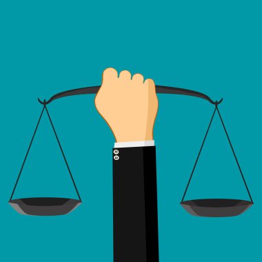 Teraziler yargıçları elinde tutuyor. Adalet kavramı. Vektör resimlemesini ölçeklendirir