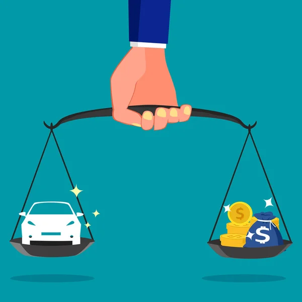 Businessman Holding Scales Money Cars Value Car Vector — Vettoriale Stock