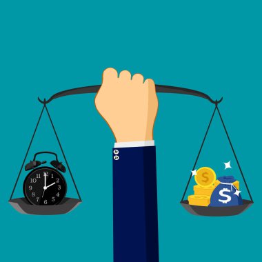 Zaman ve para tartıda. Zamanın paradan daha değerli olduğu fikri. vektör