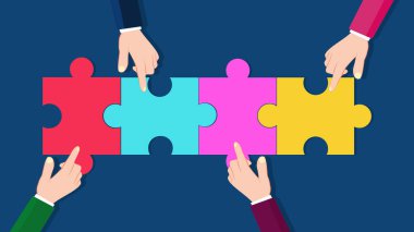 İnsanlar dört yapboz parçasıyla takım halinde çalışırlar. Birlikte çalışalım. Vektör tasarımı vektör